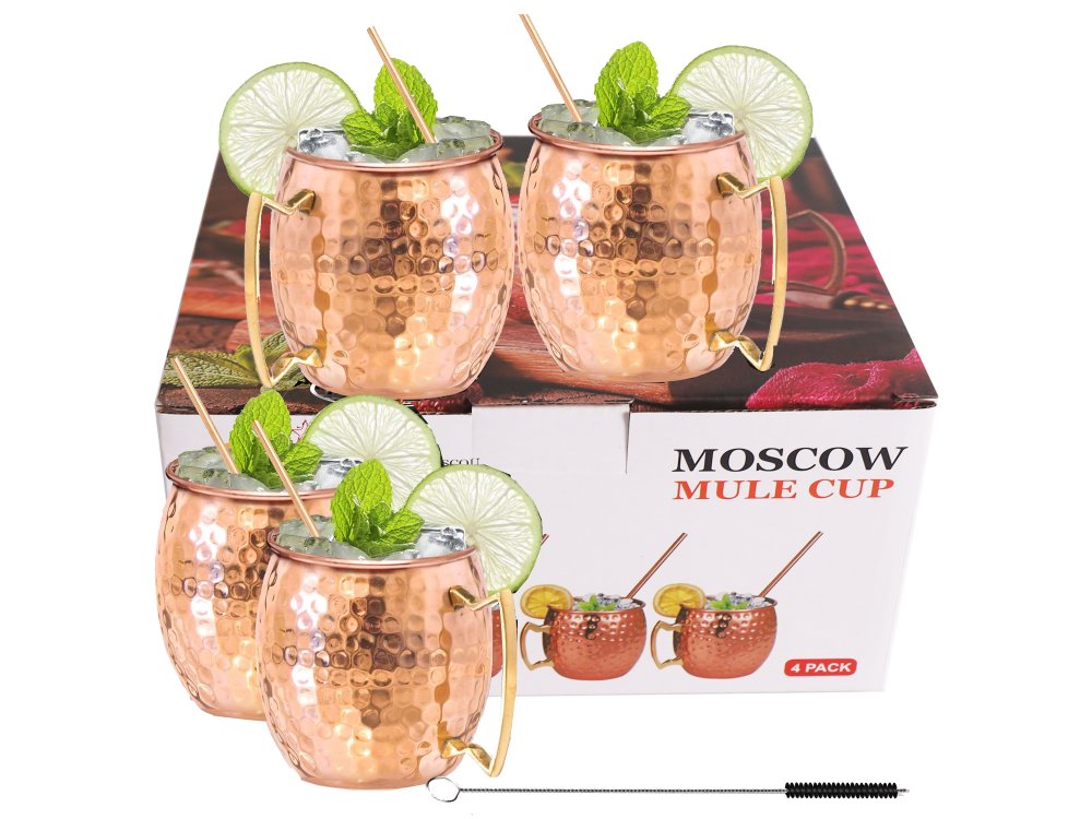 Moscow Mule Mug Copper Σετ με 4 Κούπες για Cocktail από Ανοξείδωτο Ατσάλι με 4 Καλαμάκια + Βουρτσάκι Καθαρισμού