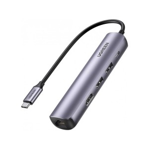 Ugreen 5-1 Aluminum 5-In-1 USB-C Hub 100W with HDMI/4K*1 + USB3.0*3 + Gigabit LAN Θύρες - 10919