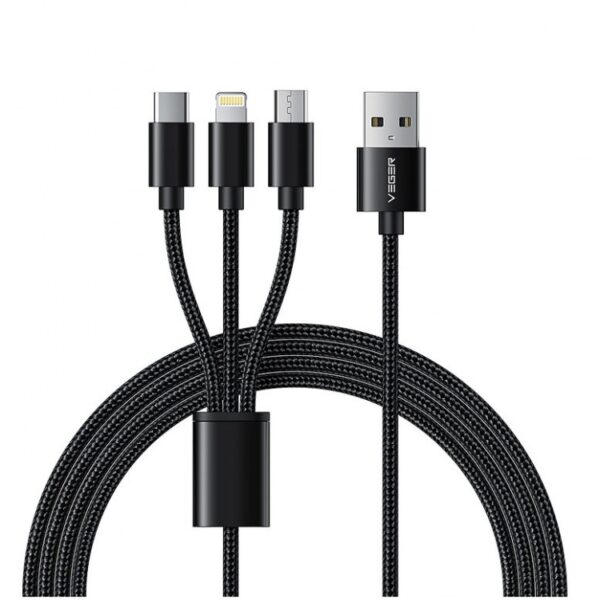 Veger V303 Καλώδιο USB-A σε Lightning / Type-C / micro USB 1.5m με Ναϋλον Ύφανση - Μαύρο