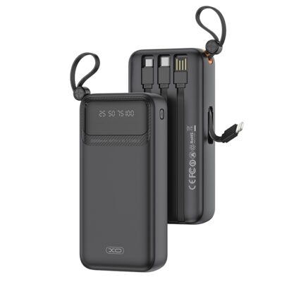 Power Bank 20.000 mAh, με 4 ενσωματωμένα καλώδια (1x USB-Α, 1x USB Type-C, 1x Micro USB, 1x Lightning) σε μαύρο χρώμα XO PR279
